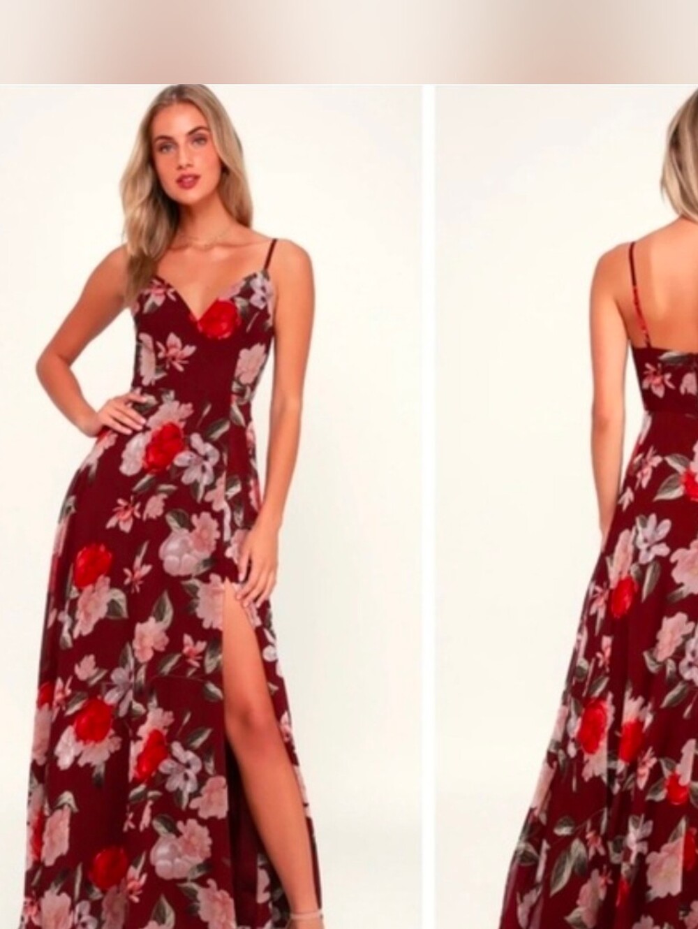 Lulus  Floral V-Neck Maxi Dress in Burgundy Sz XS